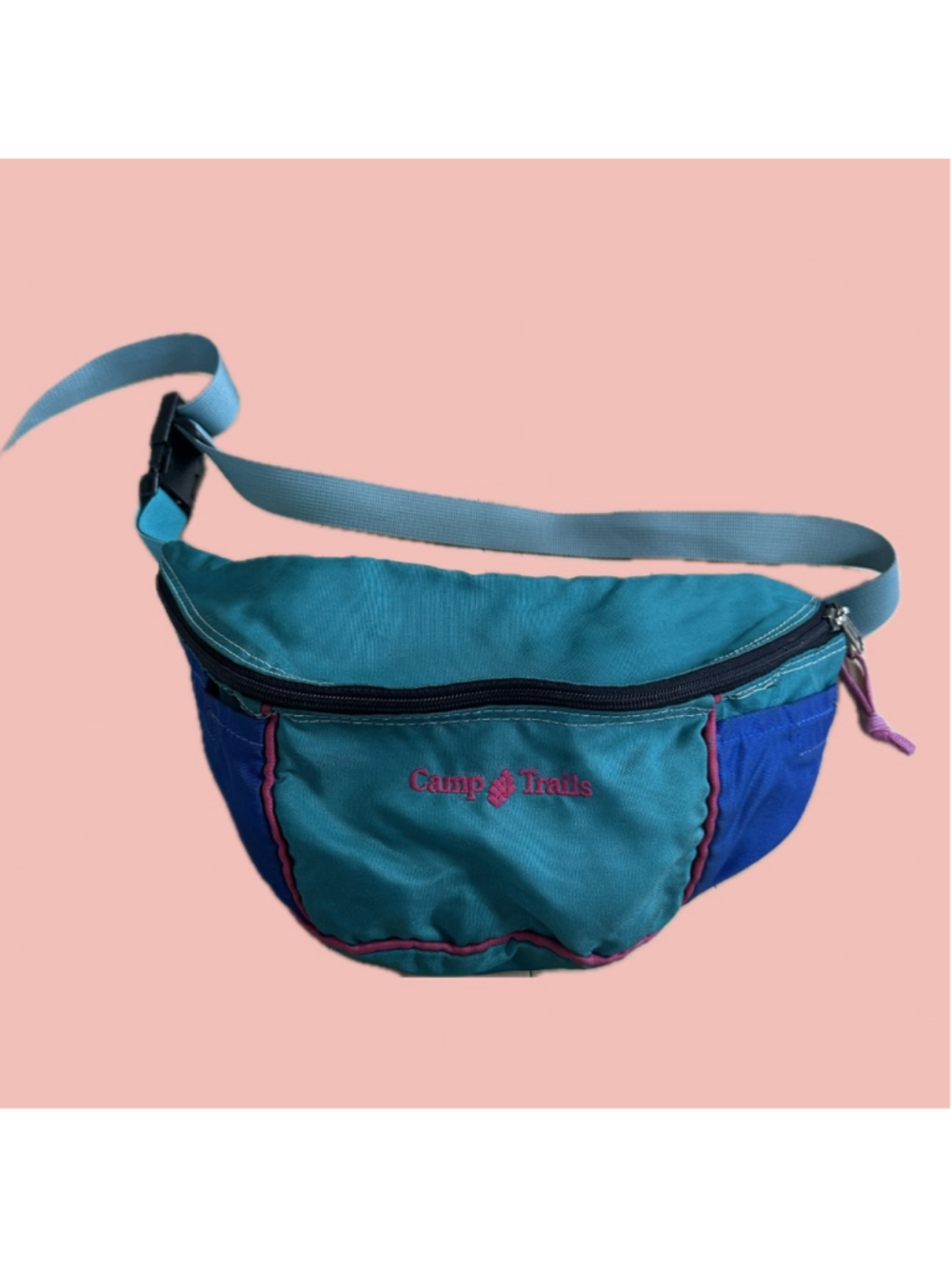 Vintage 90s Camp Trails Fanny Pack Waist Bag Teal Blue Pink Colorblock